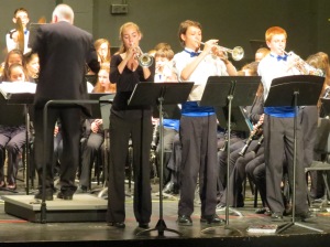 Trumpet trio, Juliana, Aadi, and Colin play "Bugler's Holiday"