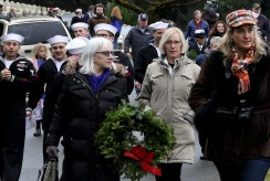 Walking to lay wreaths on graves at VC, E-W (2)